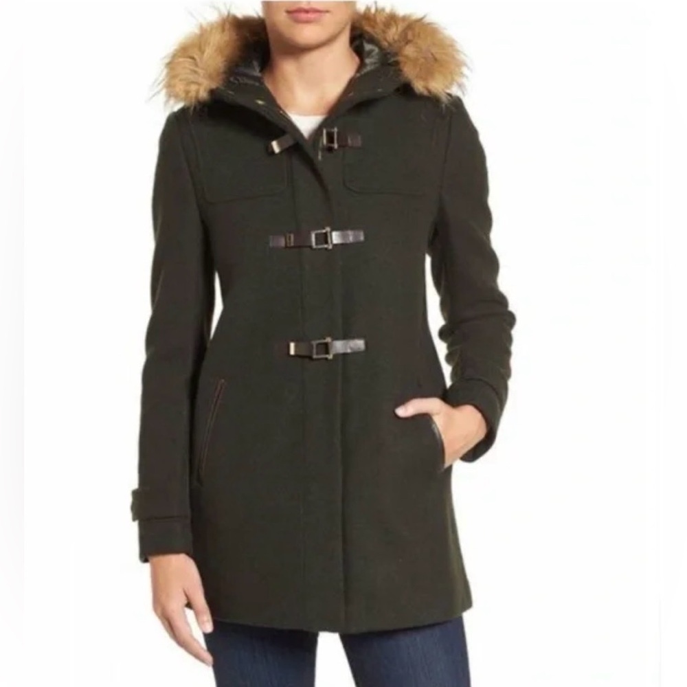 Cole‎ Haan Signature Wool Blend Toggle Coat with Faux Fur Hood – Size 6